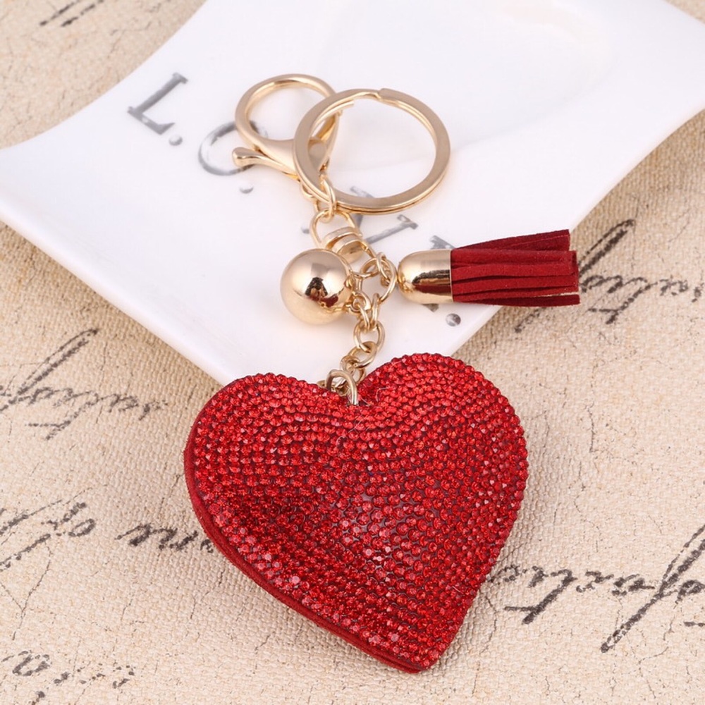 Red Rhinestone Heart with Tassel Keychain - Picture 1 of 9